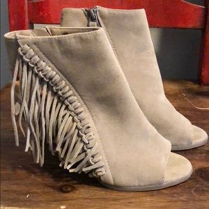 Fringe Open Toe Tan Heels